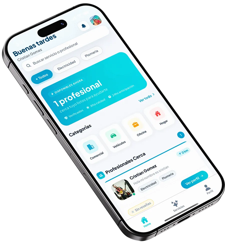 Mockup de la app Brilux mostrando la pantalla principal con profesionales disponibles